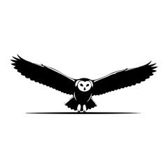 A black and white graphic of an owl flying with its wings spread wide