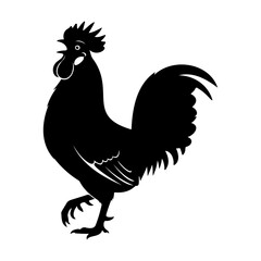 Black silhouette of a rooster crowing with its beak open on white background