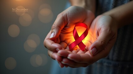 Inspirational World AIDS Day design with a luminous red ribbon resting in open hands, gentle golden glow, soft-focus bokeh background, and highlighted “1st December” text, emotional and uplifting