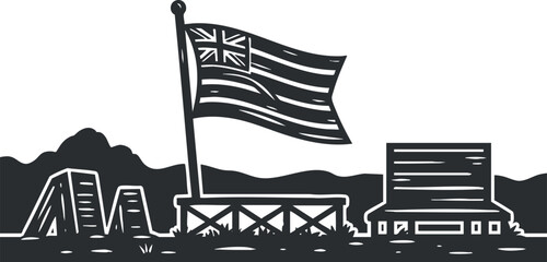 A waving country flag with a scenic landscape in black and white outline vector style, ideal for travel and heritage themes