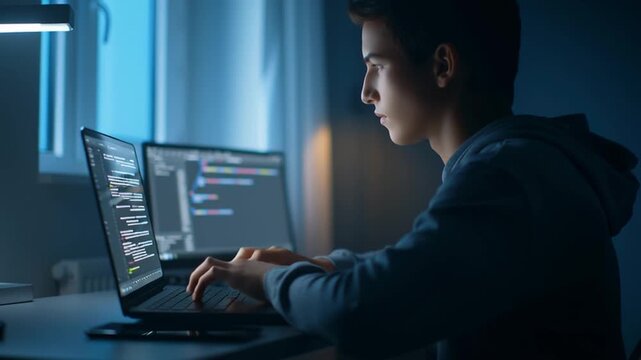 A young male programmer works at a laptop in a dim evening room as the camera shifts from a side view to a closer angle showing his continuous typing and concentrated expression while