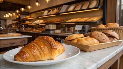 Freshly baked croissant on a plate in a bakery with bread on display shelf