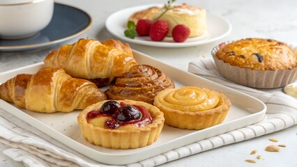 Assortment of delicious pastries including croissants and fruit tarts on a tray