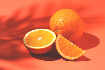 On the coral surface, next to two neatly sliced slices, there is a whole orange. Sunlight casts soft shadows, emphasizing the freshness and bright color of the fruit.