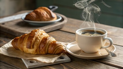 Freshly baked croissants and steaming coffee on a rustic wooden table setting