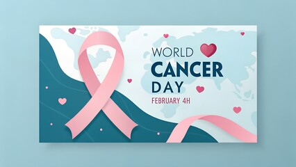 World cancer day banner with pink ribbon and hearts on a light blue background
