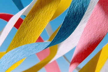 Obraz premium Colorful ribbons in yellow, blue, pink, and white swirl in the air against a bright blue sky. Vibrant decoration and celebration concept.