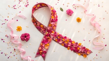Breast cancer awareness ribbon made of flower petals on a white background