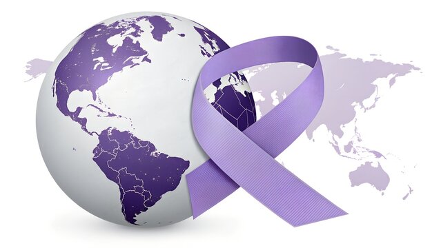Purple ribbon encircles the earth globe for global awareness and support cause