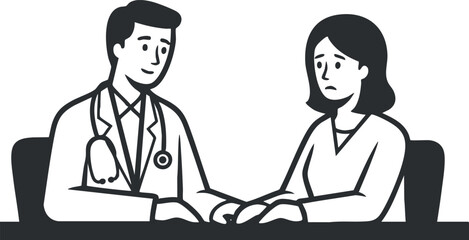 A doctor and a patient holding hands in a black and white minimalist vector style, ideal for healthcare and wellness themes