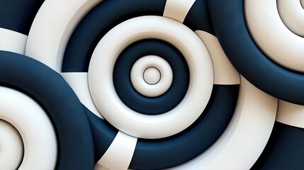 A close-up of a 3D abstract pattern featuring overlapping rings in navy blue and white, creating a modern and geometric design.
