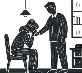 A scene depicting a comforting interaction between a person offering support and another feeling distressed in black and white minimalist vector style, ideal for mental health awareness campaigns
