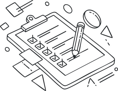 A checklist on a clipboard with a pencil in black and white outline vector style, suitable for project management and organization purposes - Powered by Adobe
