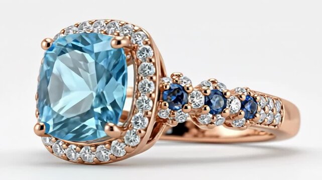 Rose gold ring with cushioncut blue topaz and sapphire accents