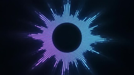 ﻿Seamlessly looping neon blue and purple digital sound wave frequency equalizer radiating across a dark background wave, synthwave, motion - Powered by Adobe