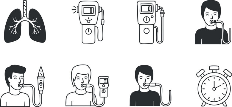A set of vector illustrations depicting lung function tests and spirometry equipment in black and white outline style, suitable for medical and health-related projects