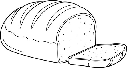 Outline vector illustration of a freshly baked loaf of bread, partially sliced, showing texture and grain, ideal for bakery menus, packaging, or food-themed design.