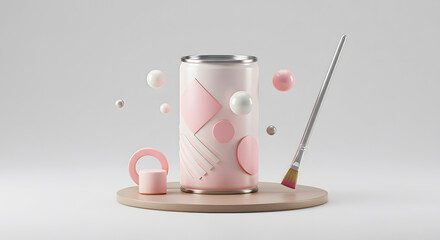 Geometric Patterns Adorned Can with Paintbrush and Floating Spheres