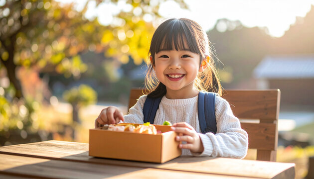 学校帰りまたは登校中の小学生が、屋外テーブルでお弁当を楽しそうに食べる姿。秋の光と柔らかな笑顔が魅力。給食・食育・遠足・アウトドア・学童広告にも使いやすい日常シーンの素材。