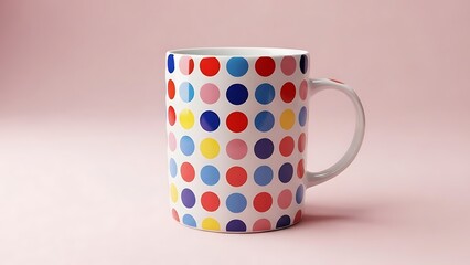 Colorful polka dot mug against a pastel pink background studio shot