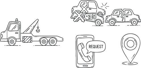 A collection of tow trucks, a mobile phone with a request icon, and a location pin in flat outline vector style, ideal for automotive service applications
