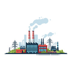 Obraz premium Industrial complex illustration with chimneys emitting smoke against cityscape background