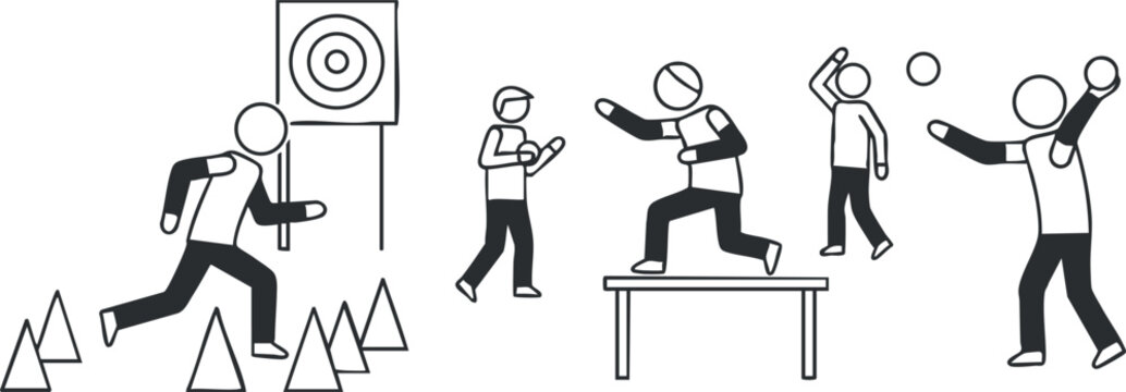 A set of stick figure athletes engaging in various sports activities in minimalist black and white vector style, ideal for fitness and health themes