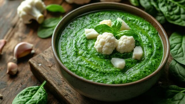 selective focus spinach and cauliflower mash in minimalist bowl
