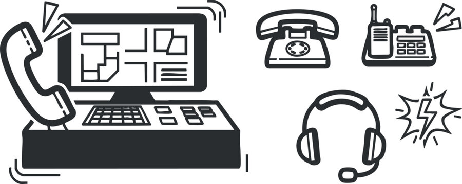 A collection of communication devices including a telephone, computer, headset, and radio in minimalist black and white vector style, ideal for tech and customer service applications
