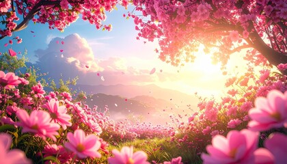 Vibrant pink flowers bloom under a warm sunset sky with golden light filtering through tree branches casting soft shadows on rolling hills below.