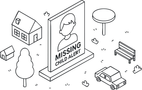 A missing child alert sign featuring a stylized figure in minimalist outline vector style, suitable for community awareness campaigns