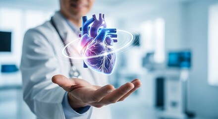 Doctor holding a virtual heart with futuristic technology in a hospital
