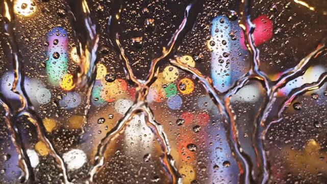 Raindrops on Window &ndash; Close-up of strong rain hitting a window at night, water streaks illuminated by distant blurred lights..
