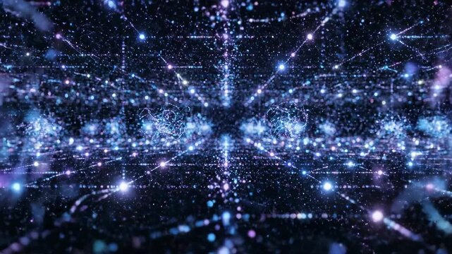Seamlessly looping quantum field of glowing blue and purple entangled particles interconnected by rhythmic pulsing data lines scientific, communication, digital art