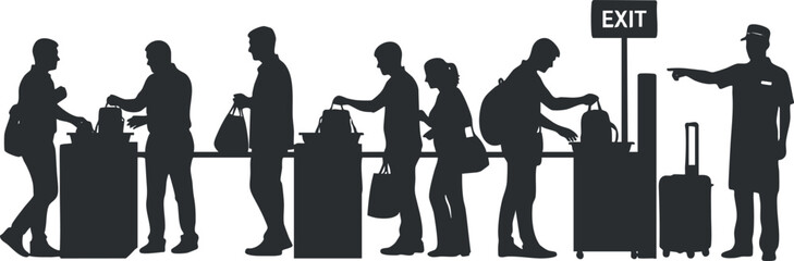 A silhouette illustration of passengers going through airport security check-in in black and white vector style, suitable for travel and transportation themes