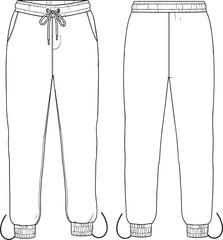 Unisex Jogging Pants Fashion Flat Sketch Vector Set: Technical Tracksuit Bottoms Apparel Design Template with Drawstring Waist