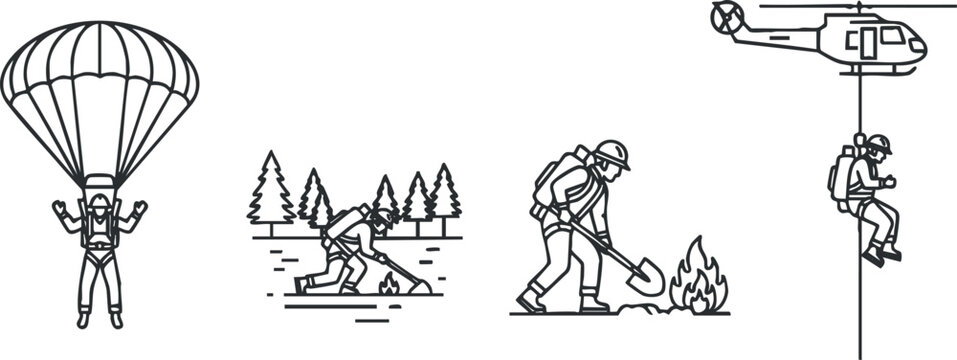 A set of emergency response icons featuring a parachutist, a person planting trees, a firefighter with equipment, and a helicopter in outline vector style, ideal for safety and adventure themes