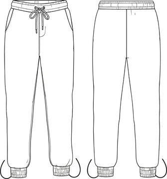 Unisex Jogging Pants Fashion Flat Sketch Vector Set: Technical Tracksuit Bottoms Apparel Design Template with Drawstring Waist