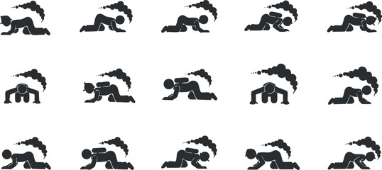 A collection of stress and burnout icons depicting individuals in various positions, in black minimalist vector style, suitable for mental health awareness and wellness projects