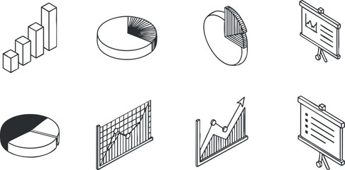 A collection of various financial and analytical charts and graphs in minimalist black and white vector style, ideal for business presentations and reports