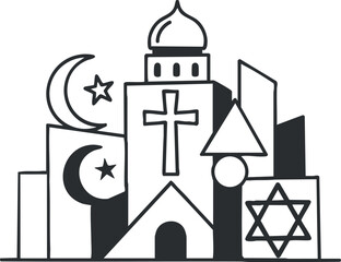 A collection of religious symbols including a cross, crescent moon, and star in minimalist black and white vector style, ideal for spiritual design projects