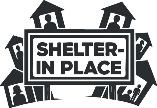A shelter-in-place graphic featuring people and houses in black and white minimalist vector style, suitable for safety campaigns and community awareness