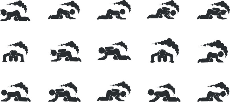 A collection of stress and burnout icons depicting individuals in various positions, in black minimalist vector style, suitable for mental health awareness and wellness projects - Powered by Adobe