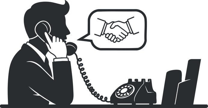 A businessman on the phone with a handshake symbol in black and white vector style, ideal for communication and business themes