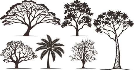 Stylized tree silhouettes vector set: tropical palms, bare, and broadleaf trees for design elements