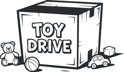 A toy drive donation box with toys including a teddy bear, a car, and a ball in black and white outline vector style, ideal for charity event promotions