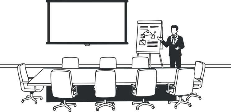 An illustration of a business meeting room with a presenter and a whiteboard in black and white minimalist vector style, ideal for corporate training materials