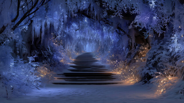 Magical winter pathway leading into a sparkling frost-covered forest illuminated by soft glowing lights
