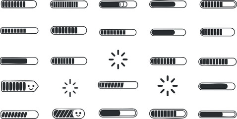 A collection of loading progress bars and indicators in minimalist black and white vector style, ideal for web and app design