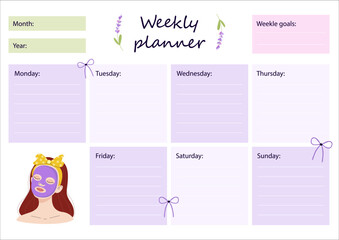 Weekly planner with structured layout for all weekdays, goals. Vector design for productivity, digital planners, printable schedules, work planning, student organization, routine tracking.